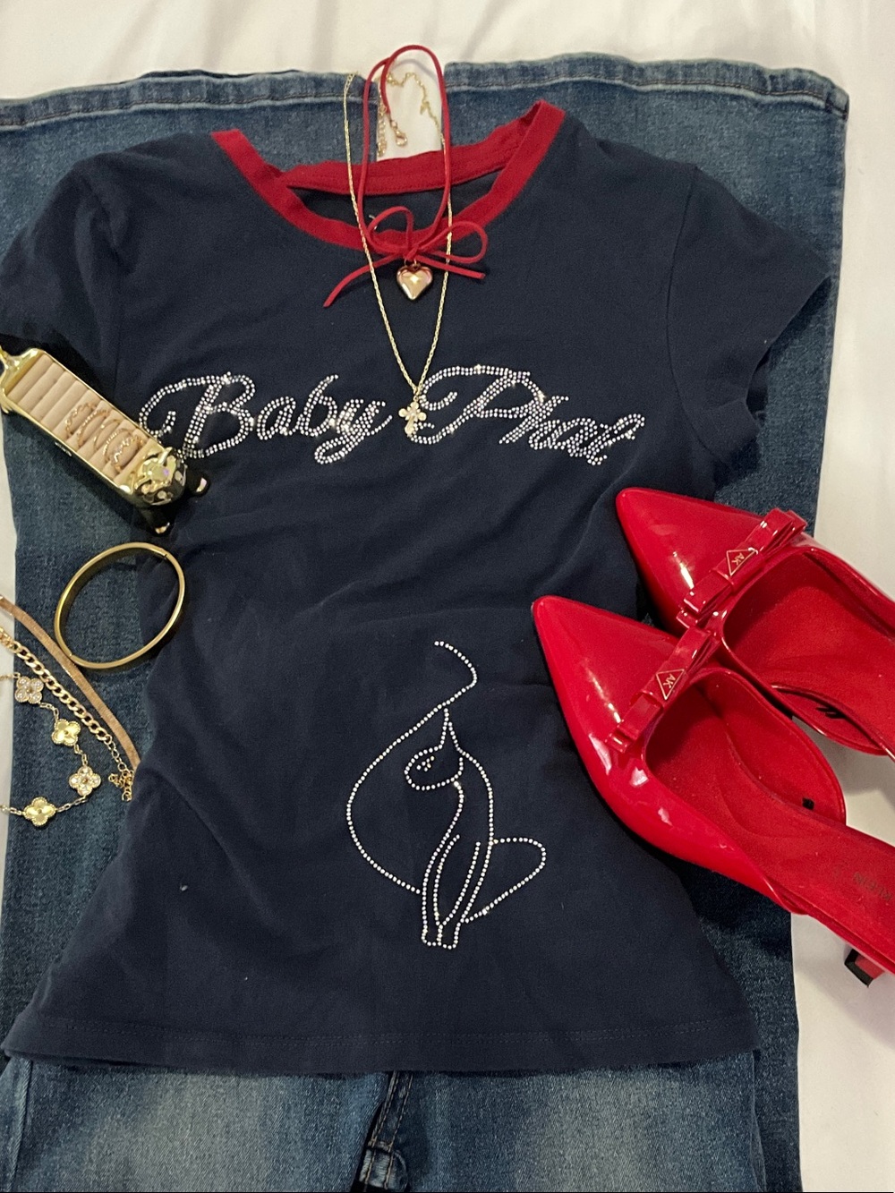 Baby Phat Navy Short Sleeve Tee with Red Trim and Rhinestone Logo